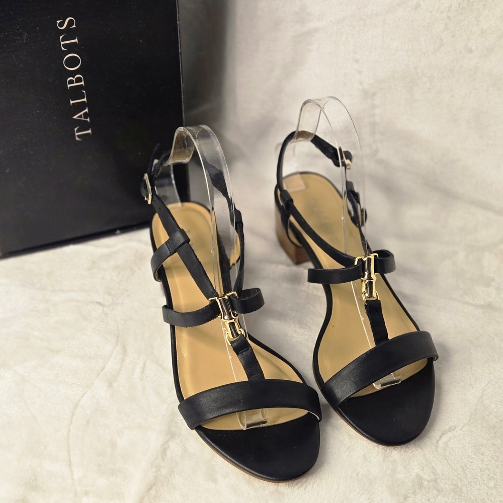 Talbots Black Leather Strappy T-Strap Block Heel Sandals Gold Hardware Size 8M